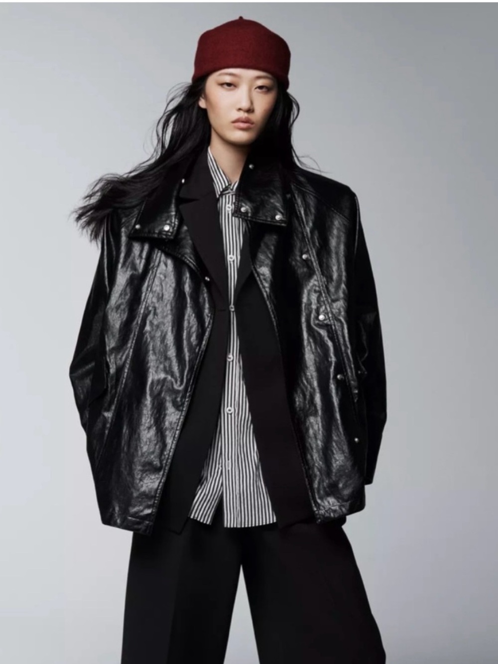 Zara Black Shiny Leather Bomber Jacket